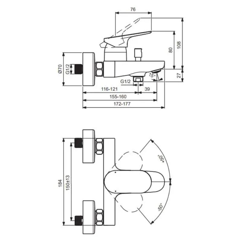 Baterie cadă-duș Ideal Standard, Ceralife O cu divertor automat, negru mat